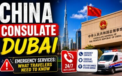 China Consulate Dubai Emergency Services: What Travelers Need to Know › Forever Tourism LLC China consulate in Dubai with Dubai skyline, Chinese flag, and emergency travel contact signs in the foreground.
