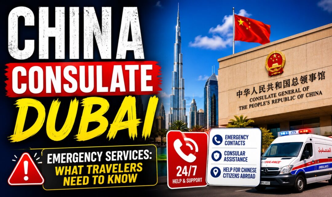 China Consulate Dubai Emergency Services: What Travelers Need to Know › Forever Tourism LLC China consulate in Dubai with Dubai skyline, Chinese flag, and emergency travel contact signs in the foreground.