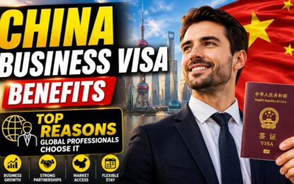 China Business Visa Benefits: Top Reasons Global Professionals Choose It › Forever Tourism LLC Man in a suit holds a Chinese passport in front of a Shanghai skyline with the Chinese flag; headline text reads 'CHINA BUSINESS VISA BENEFITS' and 'TOP REASONS GLOBAL PROFESSIONALS CHOOSE IT'