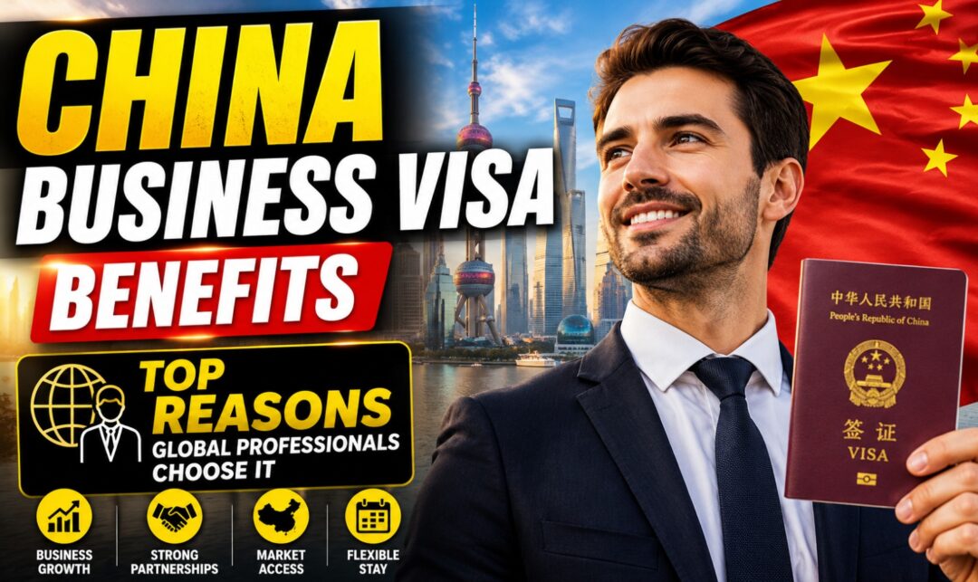 China Business Visa Benefits: Top Reasons Global Professionals Choose It › Forever Tourism LLC Man in a suit holds a Chinese passport in front of a Shanghai skyline with the Chinese flag; headline text reads 'CHINA BUSINESS VISA BENEFITS' and 'TOP REASONS GLOBAL PROFESSIONALS CHOOSE IT'