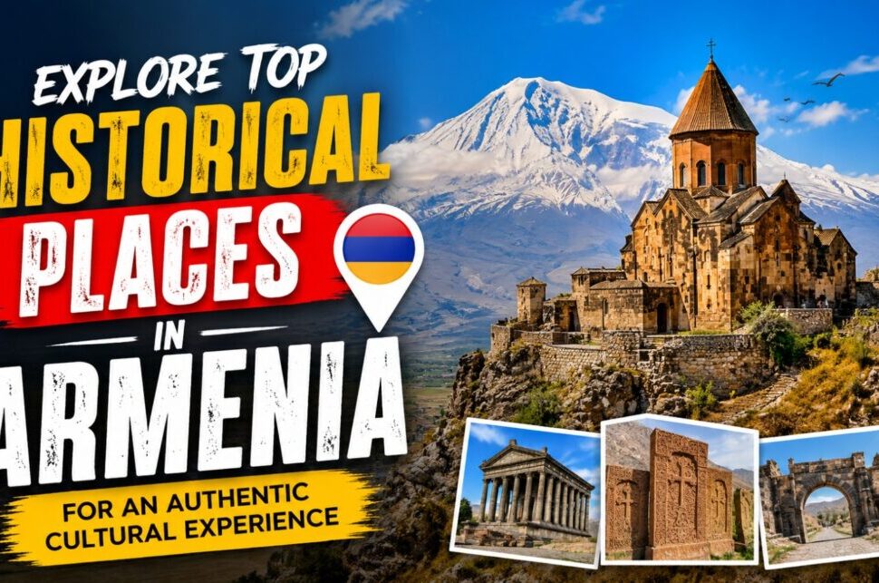 Explore Top Historical Places in Armenia for an Authentic Cultural Experience › Forever Tourism LLC Travel banner promoting Armenia's historical sites with a mountain fortress and landmark photo collage.