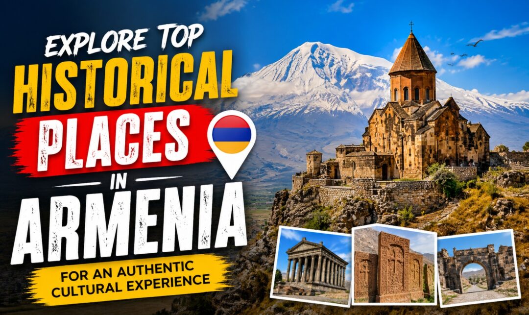 Explore Top Historical Places in Armenia for an Authentic Cultural Experience › Forever Tourism LLC Travel banner promoting Armenia's historical sites with a mountain fortress and landmark photo collage.
