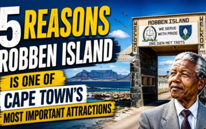 5 Reasons Robben Island Is One of Cape Town's Most Important Attractions › Forever Tourism LLC Poster-style image announcing '5 Reasons Robben Island is one of Cape Town's most important attractions,' with a gate to the island and a man in a suit on the right.