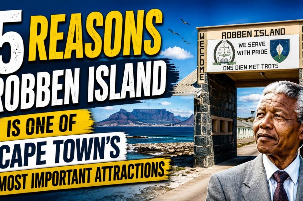 5 Reasons Robben Island Is One of Cape Town's Most Important Attractions › Forever Tourism LLC Poster-style image announcing '5 Reasons Robben Island is one of Cape Town's most important attractions,' with a gate to the island and a man in a suit on the right.
