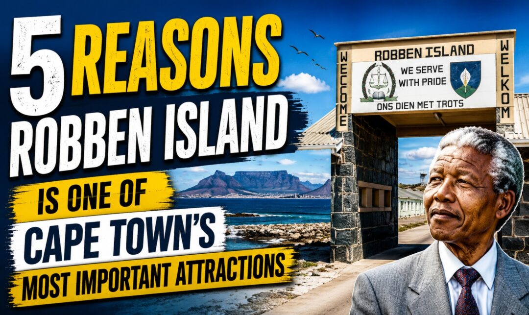 5 Reasons Robben Island Is One of Cape Town's Most Important Attractions › Forever Tourism LLC Poster-style image announcing '5 Reasons Robben Island is one of Cape Town's most important attractions,' with a gate to the island and a man in a suit on the right.