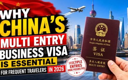 Why China's Multi Entry Business Visa Is Essential for Frequent Travelers in 2026 › Forever Tourism LLC Bold thumbnail text asking why China's multi-entry business visa is essential for frequent travelers in 2026; foreground shows a hand holding a Chinese passport, with a city skyline, airplane in the sky, and a red-and-gold flag in the background.