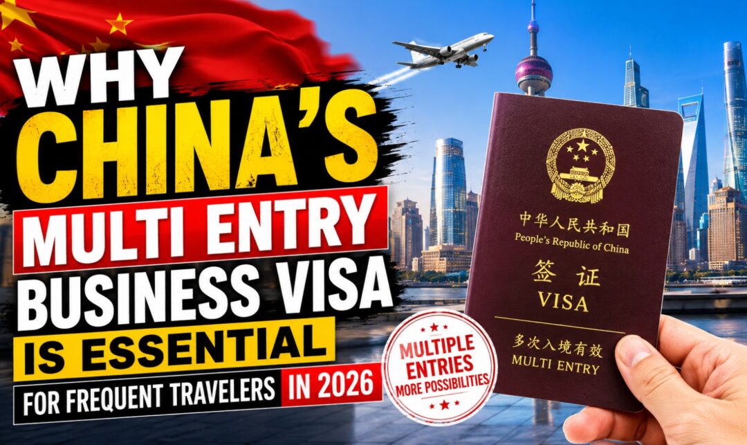 Why China's Multi Entry Business Visa Is Essential for Frequent Travelers in 2026 › Forever Tourism LLC Bold thumbnail text asking why China's multi-entry business visa is essential for frequent travelers in 2026; foreground shows a hand holding a Chinese passport, with a city skyline, airplane in the sky, and a red-and-gold flag in the background.
