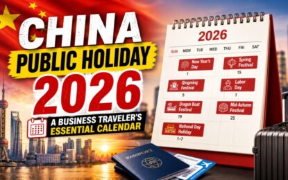 China Public Holiday 2026: A Business Traveler's Essential Calendar › Forever Tourism LLC Promotional image for China public holidays 2026: bold text, calendar, passport and luggage against a city skyline background, travel theme.