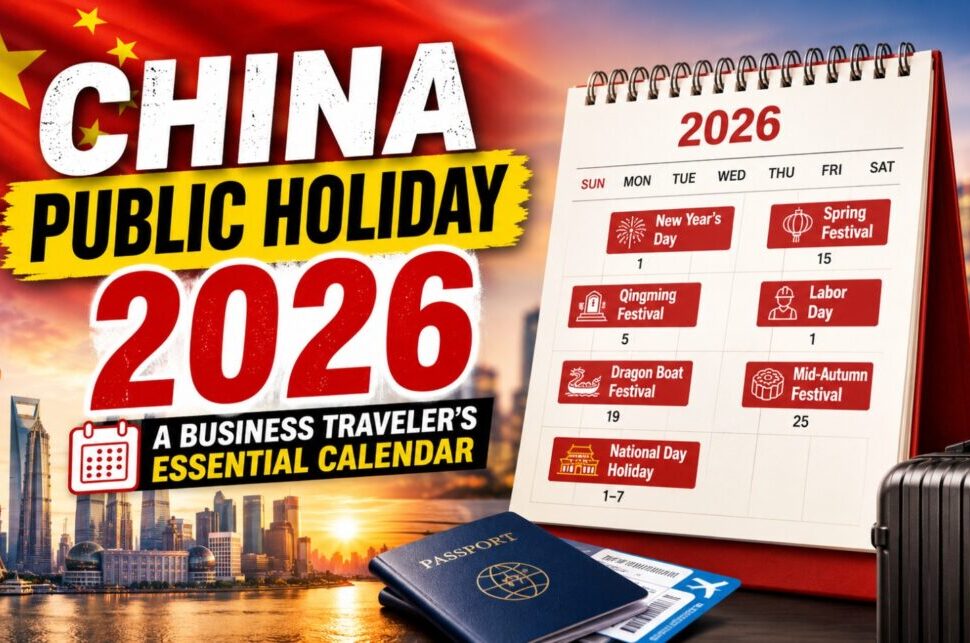 China Public Holiday 2026: A Business Traveler's Essential Calendar › Forever Tourism LLC Promotional image for China public holidays 2026: bold text, calendar, passport and luggage against a city skyline background, travel theme.