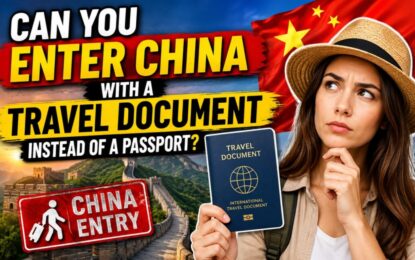 Can You Enter China With a Travel Document Instead of a Passport? › Forever Tourism LLC Woman in a hat holds a blue travel document as the Great Wall and a Chinese flag appear behind, with bold text about entering China with a travel document instead of a passport.