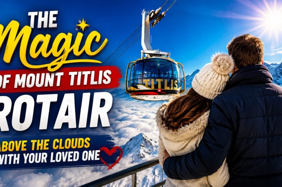 The Magic of Mount Titlis Rotair: Above the Clouds with Your Loved One › Forever Tourism LLC Couple with their backs to the camera watch the Titlis Rotair gondola above snowy mountains under a bright blue sky.