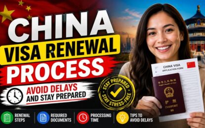 China Visa Renewal Process: Avoid Delays and Stay Prepared › Forever Tourism LLC Thumbnail showing a smiling woman holding a China passport and visa form with bold text 'China Visa Renewal Process' and 'Avoid Delays'