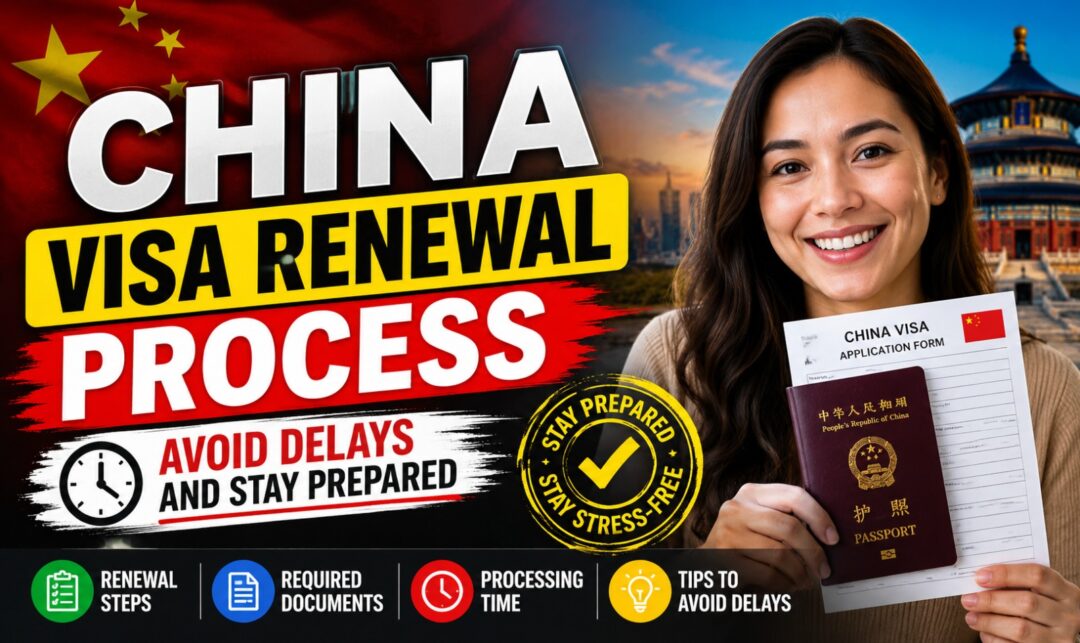 China Visa Renewal Process: Avoid Delays and Stay Prepared › Forever Tourism LLC Thumbnail showing a smiling woman holding a China passport and visa form with bold text 'China Visa Renewal Process' and 'Avoid Delays'