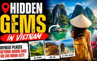 Hidden Gems in Vietnam: Offbeat Places Beyond Hanoi and Ho Chi Minh City › Forever Tourism LLC Travel thumbnail: a woman with a yellow backpack and conical hat gazes at a turquoise bay with limestone karsts, bold text reads 'Hidden Gems in Vietnam' with insets for Ha Giang, Hoi An, and Ly Son Island.