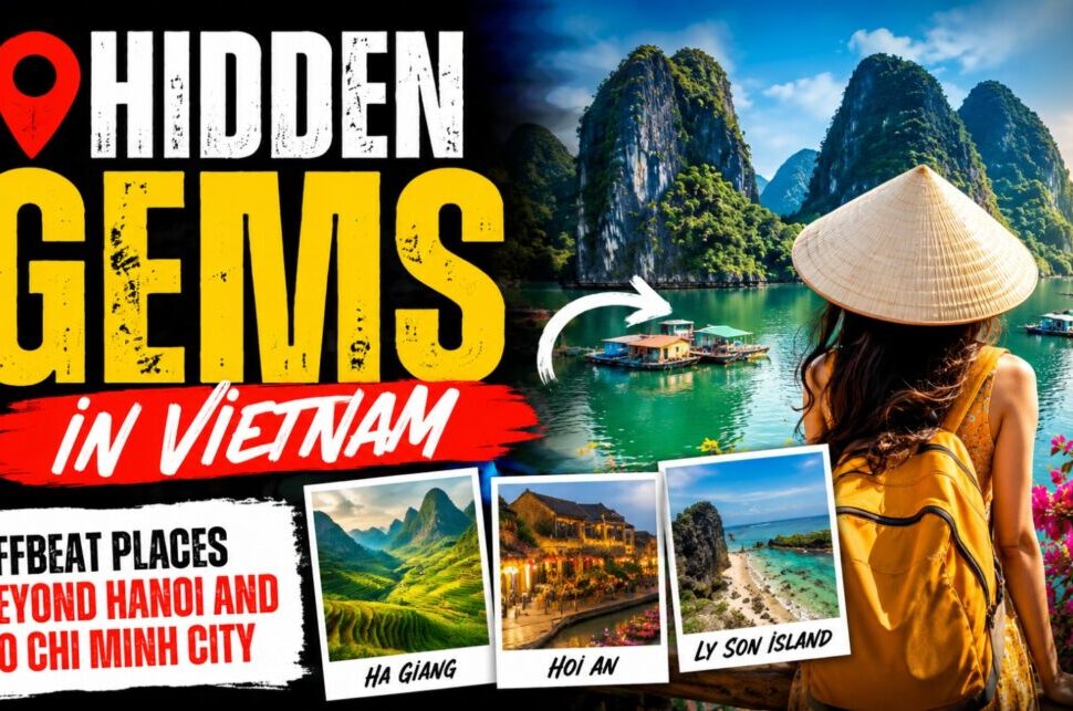 Hidden Gems in Vietnam: Offbeat Places Beyond Hanoi and Ho Chi Minh City › Forever Tourism LLC Travel thumbnail: a woman with a yellow backpack and conical hat gazes at a turquoise bay with limestone karsts, bold text reads 'Hidden Gems in Vietnam' with insets for Ha Giang, Hoi An, and Ly Son Island.
