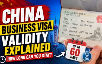 China Business Visa Validity Explained: How Long Can You Stay? › Forever Tourism LLC Bold collage about China business visa validity explained, showing a passport visa page and a 'Up to 60 days' card against a city backdrop