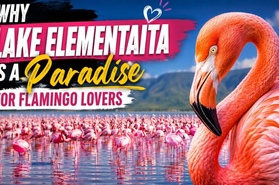Why Lake Elementaita Is a Paradise for Flamingo Lovers › Forever Tourism LLC Banner promoting an article: 'Why Lake Elementaita is a Paradise for Flamingo Lovers' with a large flamingo on the right and hundreds of flamingos on a pink lake under a blue sky.
