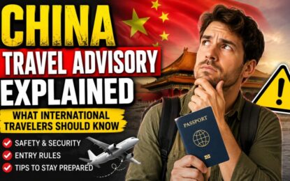 China Travel Advisory Explained: What International Travelers Should Know › Forever Tourism LLC Man holding a passport and backpack, looking thoughtful in front of a bold 'China Travel Advisory Explained' banner with the Chinese flag and a plane in the background.