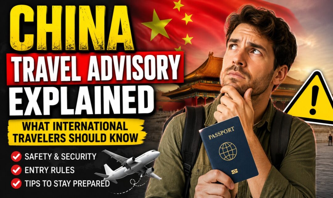 China Travel Advisory Explained: What International Travelers Should Know › Forever Tourism LLC Man holding a passport and backpack, looking thoughtful in front of a bold 'China Travel Advisory Explained' banner with the Chinese flag and a plane in the background.