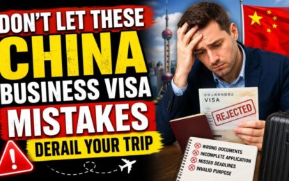 Don't Let These China Business Visa Mistakes Derail Your Trip › Forever Tourism LLC Overwhelmed man holds a rejected China business visa while bold text warns about visa mistakes derailing your trip.
