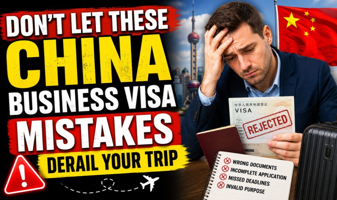 Don't Let These China Business Visa Mistakes Derail Your Trip › Forever Tourism LLC Overwhelmed man holds a rejected China business visa while bold text warns about visa mistakes derailing your trip.