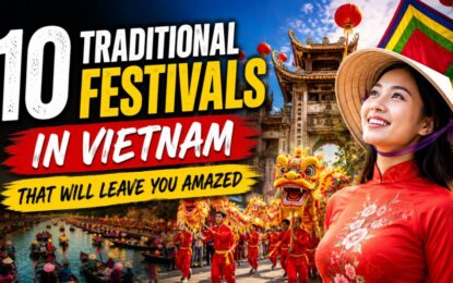 10 Traditional Festivals in Vietnam That Will Leave You Amazed › Forever Tourism LLC Video thumbnail promoting Vietnam’s 10 traditional festivals, featuring a woman in a red áo dài and dragon dance in a festive scene.