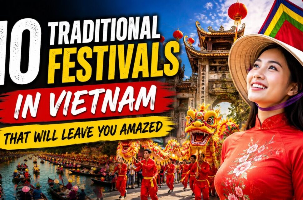 10 Traditional Festivals in Vietnam That Will Leave You Amazed › Forever Tourism LLC Video thumbnail promoting Vietnam’s 10 traditional festivals, featuring a woman in a red áo dài and dragon dance in a festive scene.