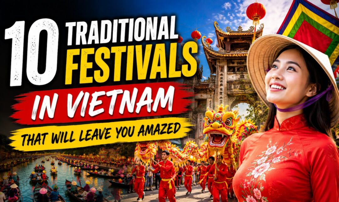 10 Traditional Festivals in Vietnam That Will Leave You Amazed › Forever Tourism LLC Video thumbnail promoting Vietnam’s 10 traditional festivals, featuring a woman in a red áo dài and dragon dance in a festive scene.
