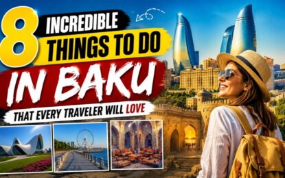 8 Incredible Things to Do in Baku That Every Traveler Will Love › Forever Tourism LLC Banner image for a travel guide: text reads '8 Incredible Things to Do in Baku' with a smiling woman in a hat and backpack against the city skyline and four small photos of landmarks.