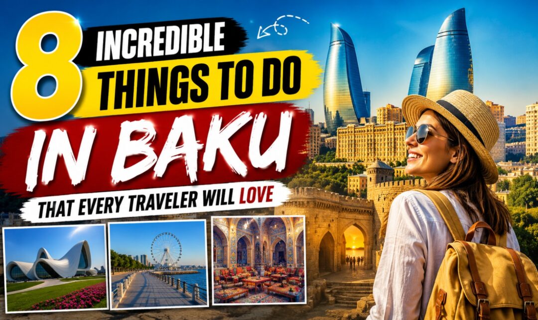 8 Incredible Things to Do in Baku That Every Traveler Will Love › Forever Tourism LLC Banner image for a travel guide: text reads '8 Incredible Things to Do in Baku' with a smiling woman in a hat and backpack against the city skyline and four small photos of landmarks.