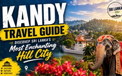 Kandy Travel Guide: Discover Sri Lanka's Most Enchanting Hill City › Forever Tourism LLC Kandy travel guide thumbnail with a hill cityscape, a decorative elephant on the right, and a Sri Lanka stamp motif in the corner.