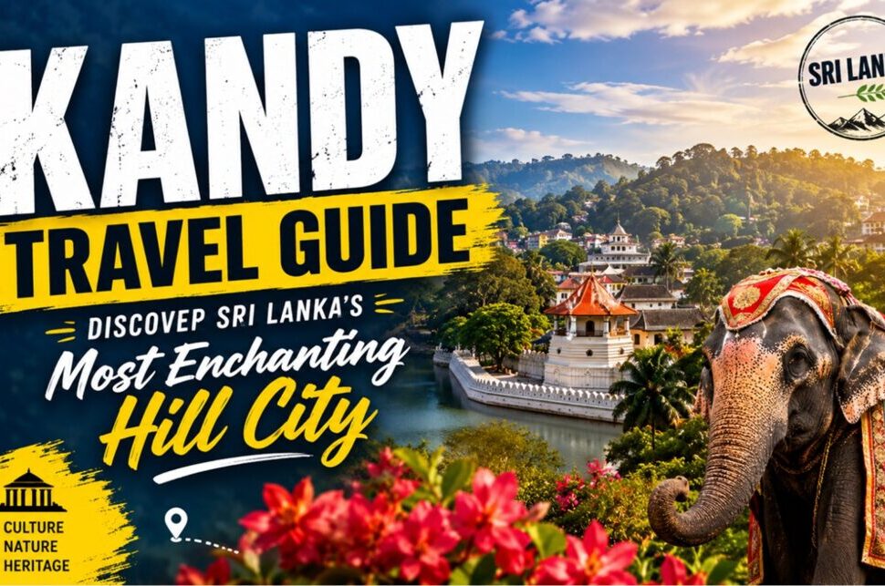 Kandy Travel Guide: Discover Sri Lanka's Most Enchanting Hill City › Forever Tourism LLC Kandy travel guide thumbnail with a hill cityscape, a decorative elephant on the right, and a Sri Lanka stamp motif in the corner.