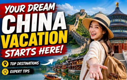 Your Dream China Vacation Starts Here: Top Destinations & Expert Tips › Forever Tourism LLC Woman with backpack extends an offer in front of a China travel banner featuring the Great Wall and a pagoda, with bold text 'Your Dream China Vacation Starts Here!'