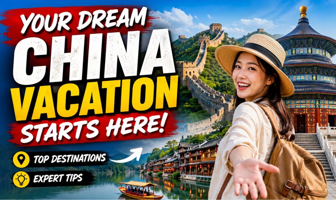Your Dream China Vacation Starts Here: Top Destinations & Expert Tips › Forever Tourism LLC Woman with backpack extends an offer in front of a China travel banner featuring the Great Wall and a pagoda, with bold text 'Your Dream China Vacation Starts Here!'