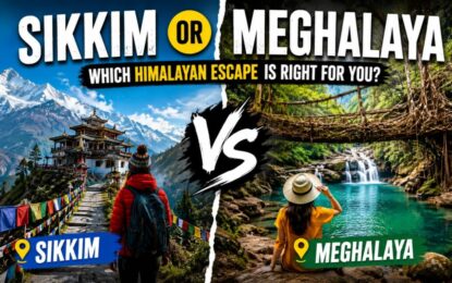 Sikkim or Meghalaya: Which Himalayan Escape Is Right for You? › Forever Tourism LLC Split-screen thumbnail: left shows a hiker toward a Himalayan temple with prayer flags (Sikkim); right shows a woman by a turquoise river and waterfall (Meghalaya) with a VS symbol.
