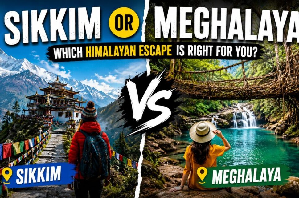 Sikkim or Meghalaya: Which Himalayan Escape Is Right for You? › Forever Tourism LLC Split-screen thumbnail: left shows a hiker toward a Himalayan temple with prayer flags (Sikkim); right shows a woman by a turquoise river and waterfall (Meghalaya) with a VS symbol.