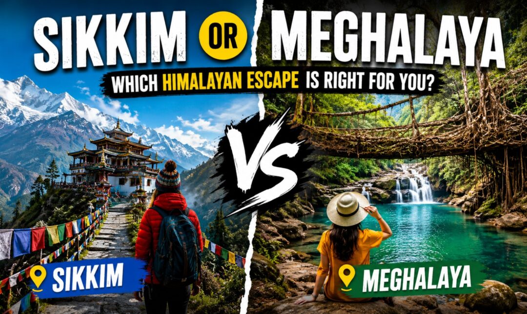 Sikkim or Meghalaya: Which Himalayan Escape Is Right for You? › Forever Tourism LLC Split-screen thumbnail: left shows a hiker toward a Himalayan temple with prayer flags (Sikkim); right shows a woman by a turquoise river and waterfall (Meghalaya) with a VS symbol.