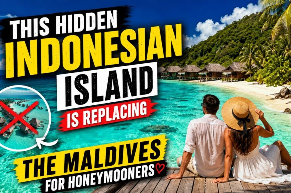 This Hidden Indonesian Island Is Replacing the Maldives for Honeymooners › Forever Tourism LLC YouTube thumbnail showing a couple in white on a wooden deck overlooking turquoise lagoon and overwater bungalows; bold yellow and white text claims Indonesian island replacing the Maldives for honeymooners.