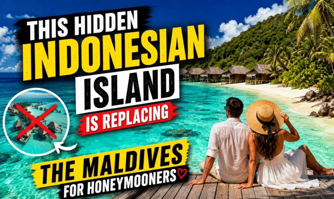 This Hidden Indonesian Island Is Replacing the Maldives for Honeymooners › Forever Tourism LLC YouTube thumbnail showing a couple in white on a wooden deck overlooking turquoise lagoon and overwater bungalows; bold yellow and white text claims Indonesian island replacing the Maldives for honeymooners.