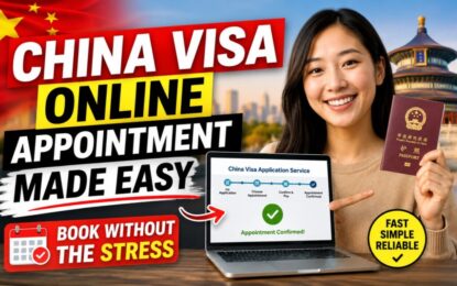 China Visa Online Appointment Made Easy: Book Without the Stress › Forever Tourism LLC Smiling woman holds a Chinese passport beside a laptop showing a 'China Visa Application Service' screen; bold red-yellow banners read 'CHINA VISA ONLINE APPOINTMENT MADE EASY' and 'BOOK WITHOUT THE STRESS' with a city backdrop.