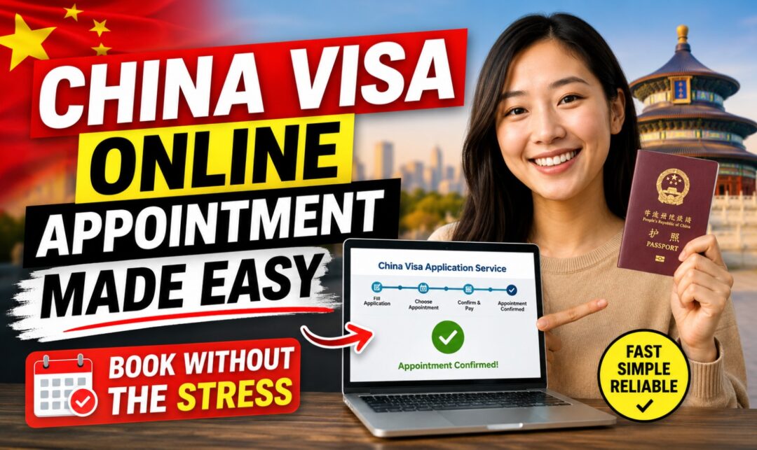 China Visa Online Appointment Made Easy: Book Without the Stress › Forever Tourism LLC Smiling woman holds a Chinese passport beside a laptop showing a 'China Visa Application Service' screen; bold red-yellow banners read 'CHINA VISA ONLINE APPOINTMENT MADE EASY' and 'BOOK WITHOUT THE STRESS' with a city backdrop.