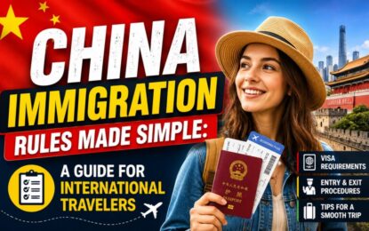 China Immigration Rules Made Simple: A Guide for International Travelers › Forever Tourism LLC Smiling woman holding a passport and boarding pass in front of a Chinese flag, with bold text 'China Immigration Rules Made Simple' and travel icons in the background.