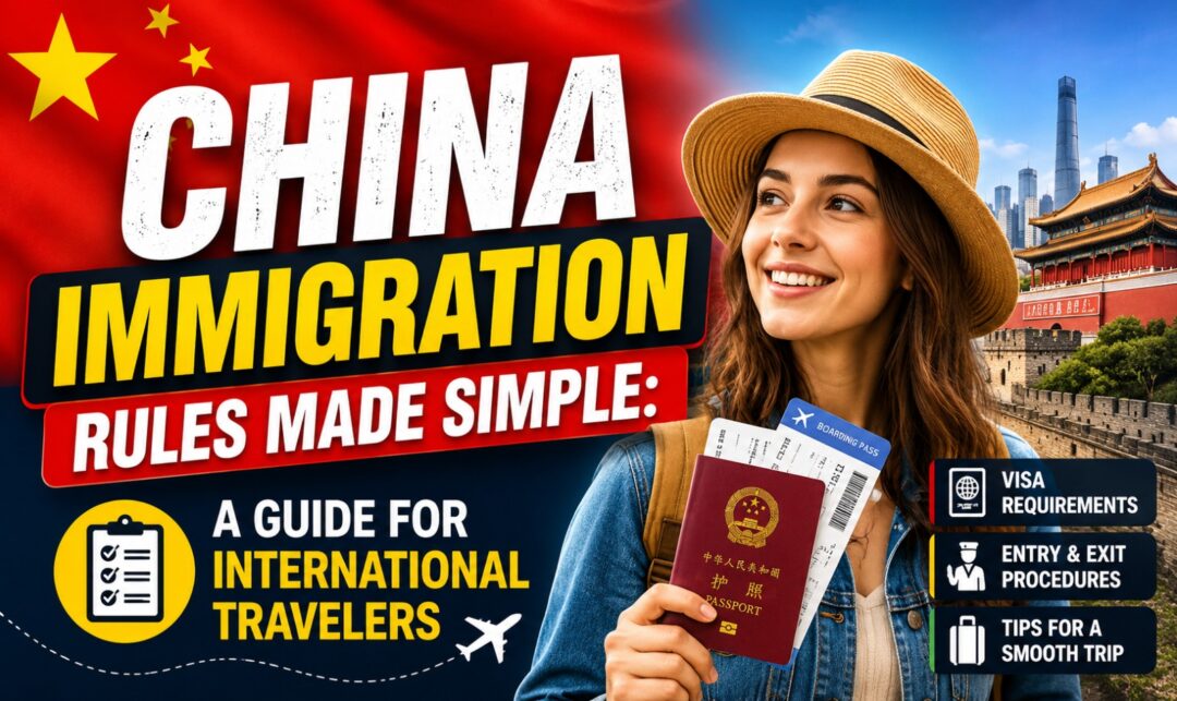 China Immigration Rules Made Simple: A Guide for International Travelers › Forever Tourism LLC Smiling woman holding a passport and boarding pass in front of a Chinese flag, with bold text 'China Immigration Rules Made Simple' and travel icons in the background.