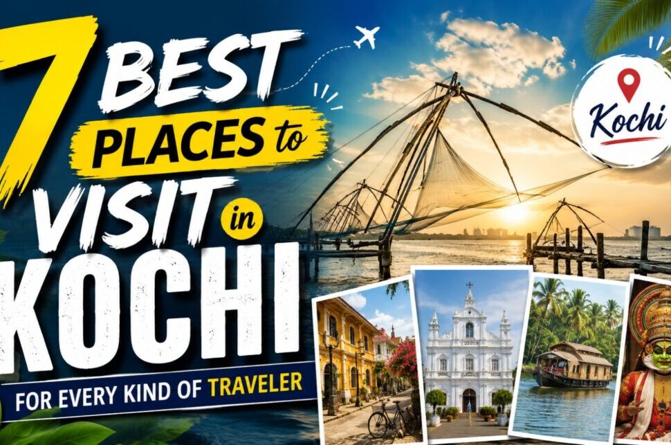 7 Best Places to Visit in Kochi for Every Kind of Traveler › Forever Tourism LLC Promotional banner: '7 Best Places to Visit in Kochi' with a collage of Kochi landmarks and a sunset harbor.