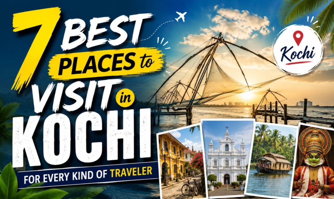 7 Best Places to Visit in Kochi for Every Kind of Traveler › Forever Tourism LLC Promotional banner: '7 Best Places to Visit in Kochi' with a collage of Kochi landmarks and a sunset harbor.