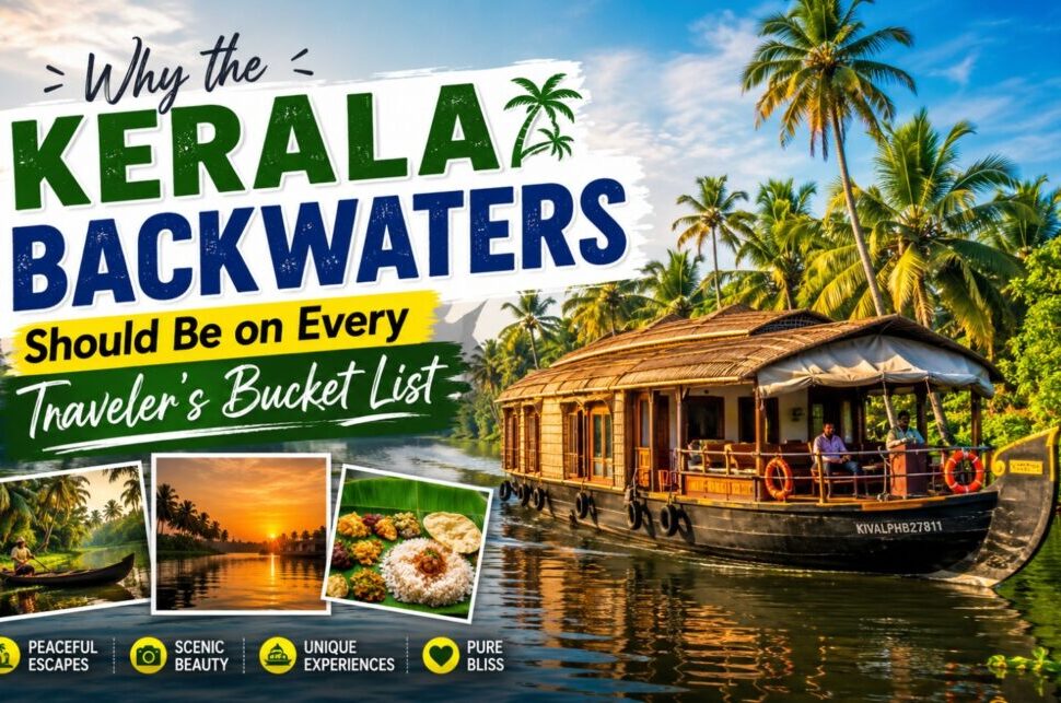 Why the Kerala Backwaters Should Be on Every Traveler's Bucket List › Forever Tourism LLC Poster promoting Kerala backwaters as a must-visit travel destination with a large 'KERALA BACKWATERS' headline and a traditional houseboat on the river amid palm trees.