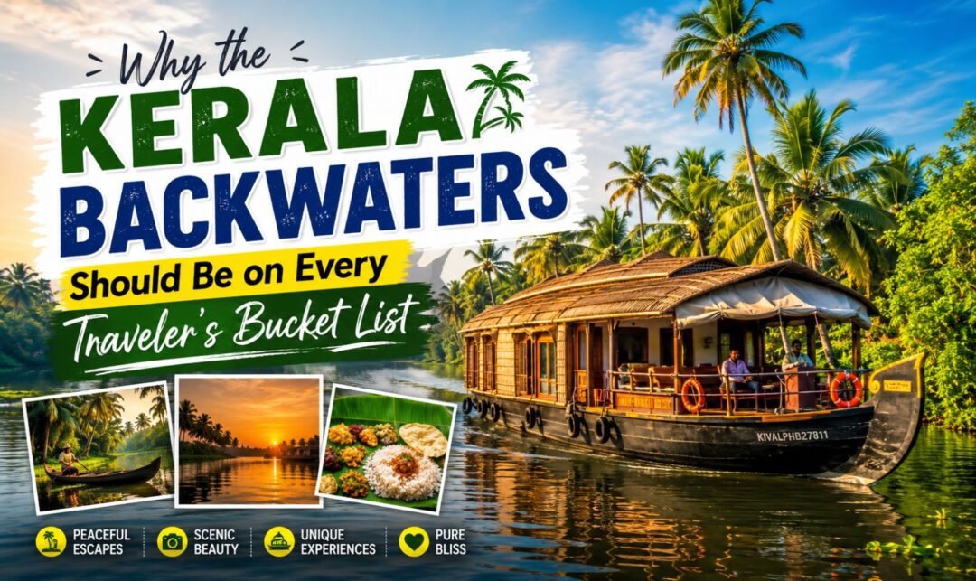 Why the Kerala Backwaters Should Be on Every Traveler's Bucket List › Forever Tourism LLC Poster promoting Kerala backwaters as a must-visit travel destination with a large 'KERALA BACKWATERS' headline and a traditional houseboat on the river amid palm trees.