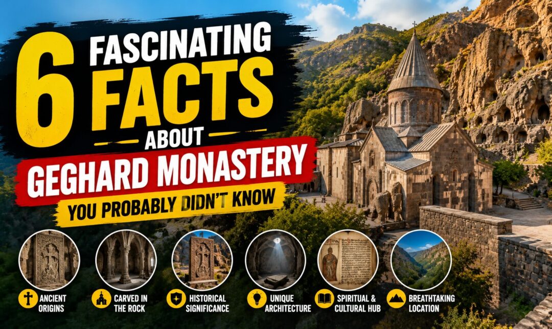 6 Fascinating Facts About Geghard Monastery You Probably Didn't Know › Forever Tourism LLC Video thumbnail promoting a YouTube clip: bold '6 Facts' text for Geghard Monastery with rocky hills in the background.