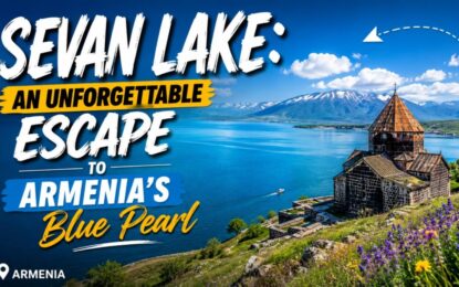 Sevan Lake: An Unforgettable Escape to Armenia's Blue Pearl › Forever Tourism LLC Sevan Lake scenery with a stone church on the shore, purple flowers in front, snow-capped mountains, and bold text: 'Sevan Lake: An Unforgettable Escape to Armenia's Blue Pearl'.