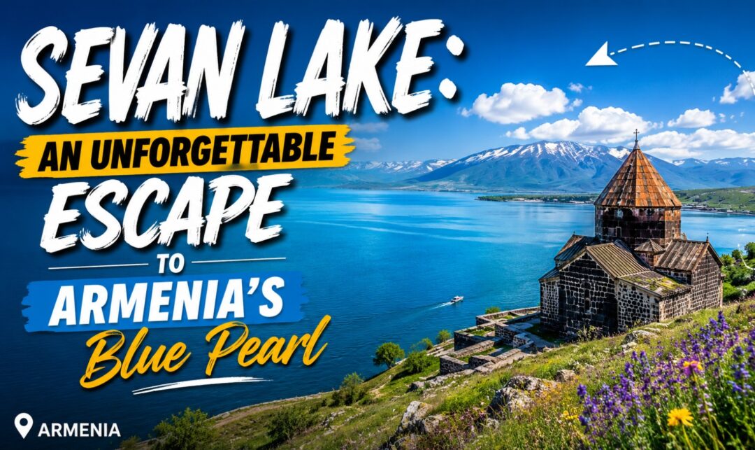 Sevan Lake: An Unforgettable Escape to Armenia's Blue Pearl › Forever Tourism LLC Sevan Lake scenery with a stone church on the shore, purple flowers in front, snow-capped mountains, and bold text: 'Sevan Lake: An Unforgettable Escape to Armenia's Blue Pearl'.
